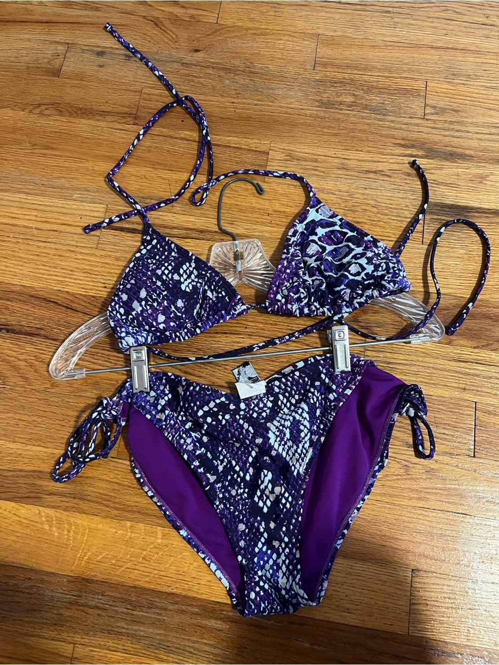 Purple Printed Tie-Side Triangle Bikini Set - Women